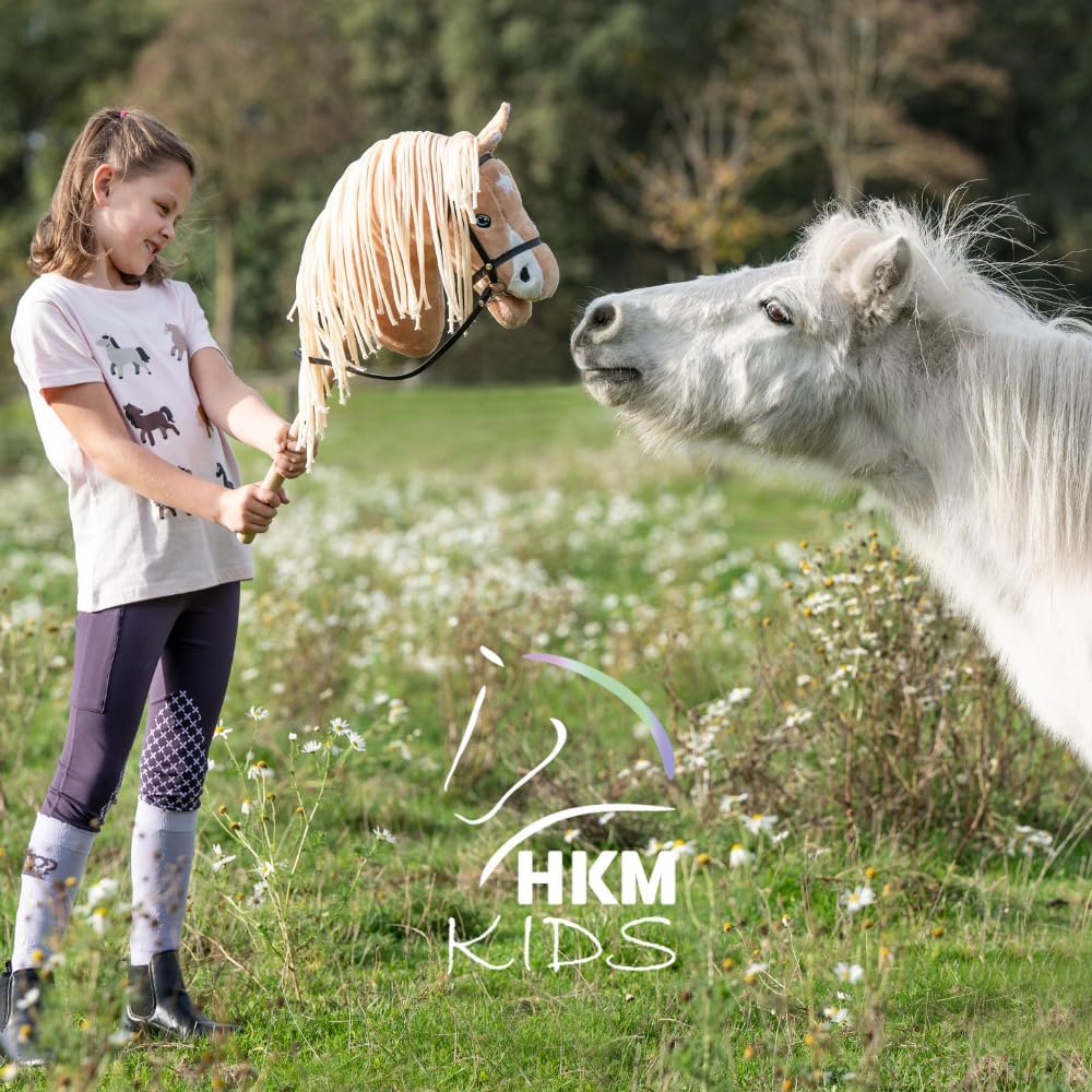 HKM Kids Hobby Horse, Palomino, Beige, mit Halfter und Führstrick in Dunkelblau, Steckenpferd für Ki