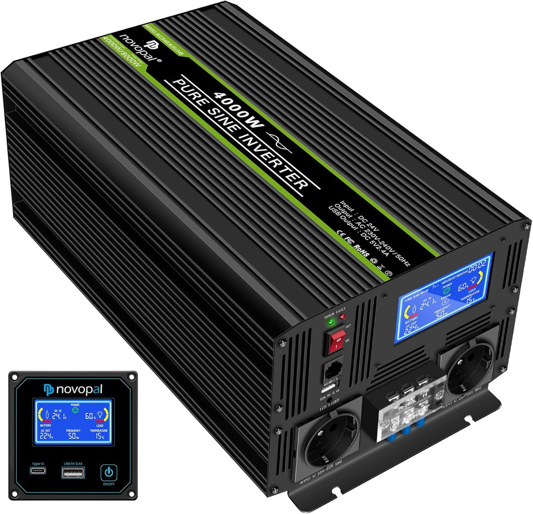 NOVOPAL 4000W KFZ Reiner Sinus Wechselrichter Spannungswandler 24V 230V mit LCD Display und 2 EU Ste
