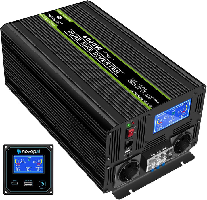 NOVOPAL 4000W KFZ Reiner Sinus Wechselrichter Spannungswandler 24V 230V mit LCD Display und 2 EU Ste
