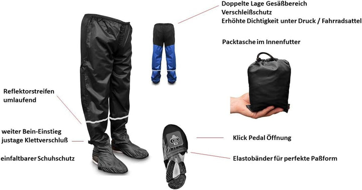 RainRider Regenhose für Damen/Herren (schwarz) wasserdicht inkl. einfaltbare Schuhüberzieher, Regenf