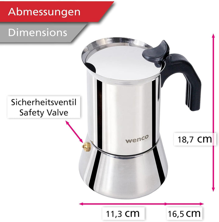Wenco Premium Espressokocher, 4 Tassen, 500 ml, Für alle Herdarten inkl. Induktion, Mokkakanne aus E
