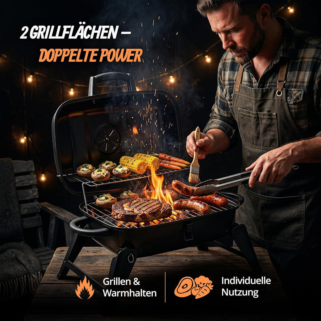 Relaxdays Tischgrill, tragbarer Klappgrill, HBT: 34 x 59 x 36 cm, Warmhalterost, Lüftung, Kohlegrill