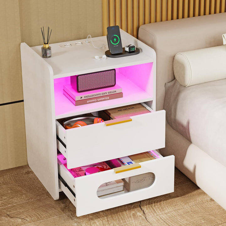 PIPIPOXER Nachttisch Weiss mit Steckdose & USB, Nachttisch LED mit 2 Led Licht mit 2 Schubladen, Off