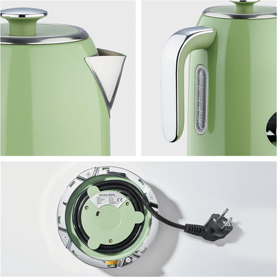 Wiltal Wasserkocher [1,7L, 2200W], Retro Green, Edelstahl, Toaster Wasserkocher set Retro (Wassertem