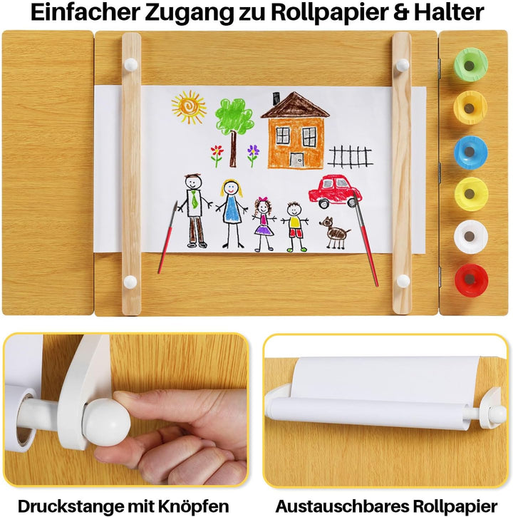 ROCSUMOO Kinder-Kunsttisch-Set mit 2 Stühlen - Holzerner Aktivitätstisch für Kleinkinder mit Verstel