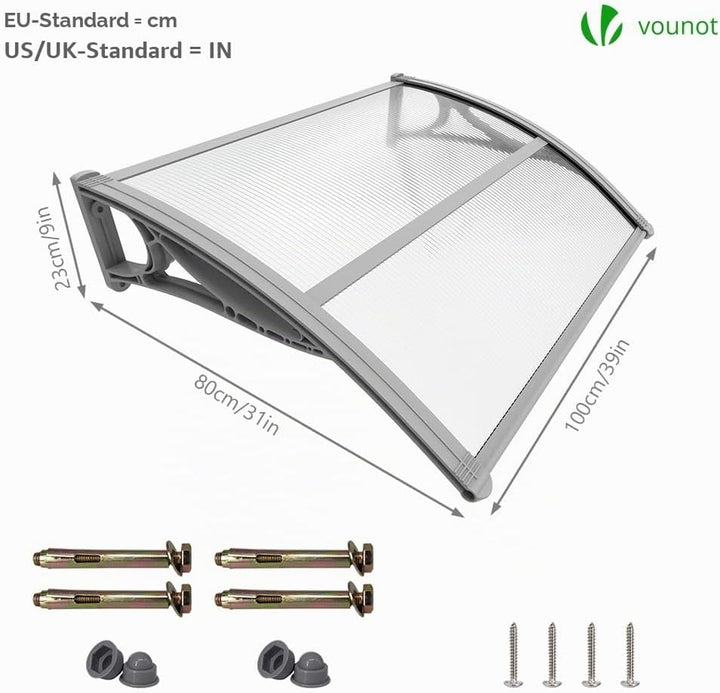 VOUNOT Vordach für Haustür 100 x 80 cm, Überdachung Haustür aus Aluminium und Polycarbonat, Transpar