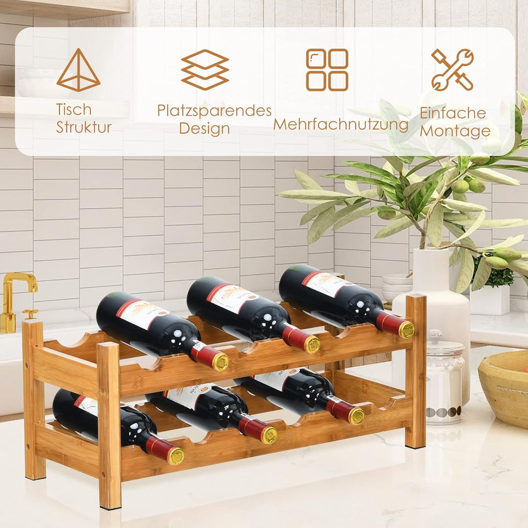 COSTWAY Weinregal für 12 Flaschen, Flaschenregal mit 2 Etagen, Flaschenhalter aus Bambus für Keller,