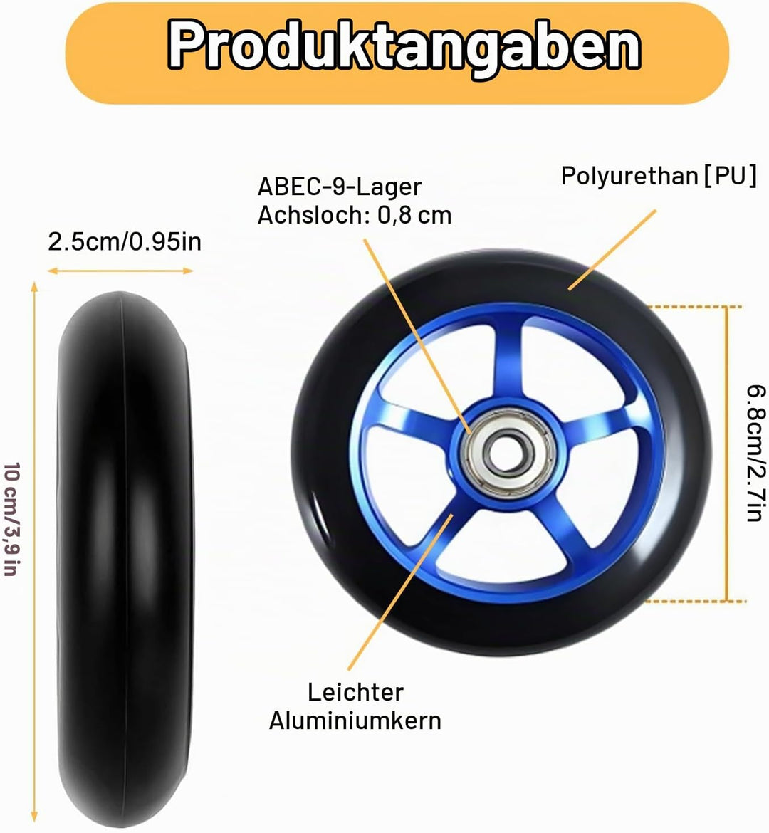 Stunt Scooter Rollen 100mm,2 Stück Scooter Ersatzräder mit ABEC-9 Lagern,Härtegrad 88A Scoot and Rid