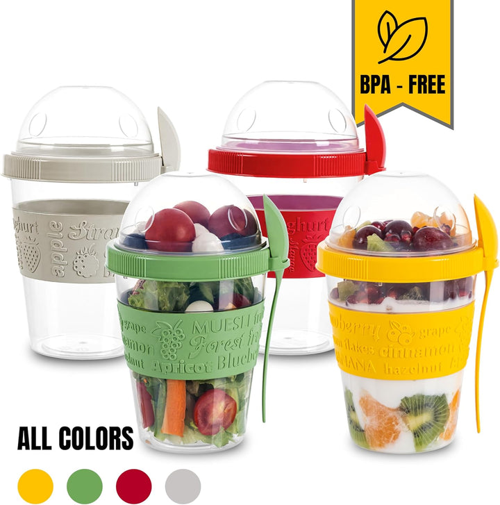 spar-home® 4er Set Joghurtbecher To Go 600ml –Müslibecher To Go mit Löffel Müsli To Go Becher mit De