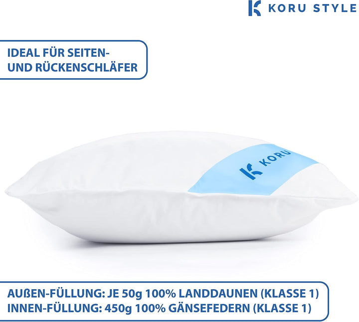 Koru Style Premium 3 Kammer Kopfkissen 40x80 – Grösse 40x80 cm - Federkissen Daunenkissen – Daunen u