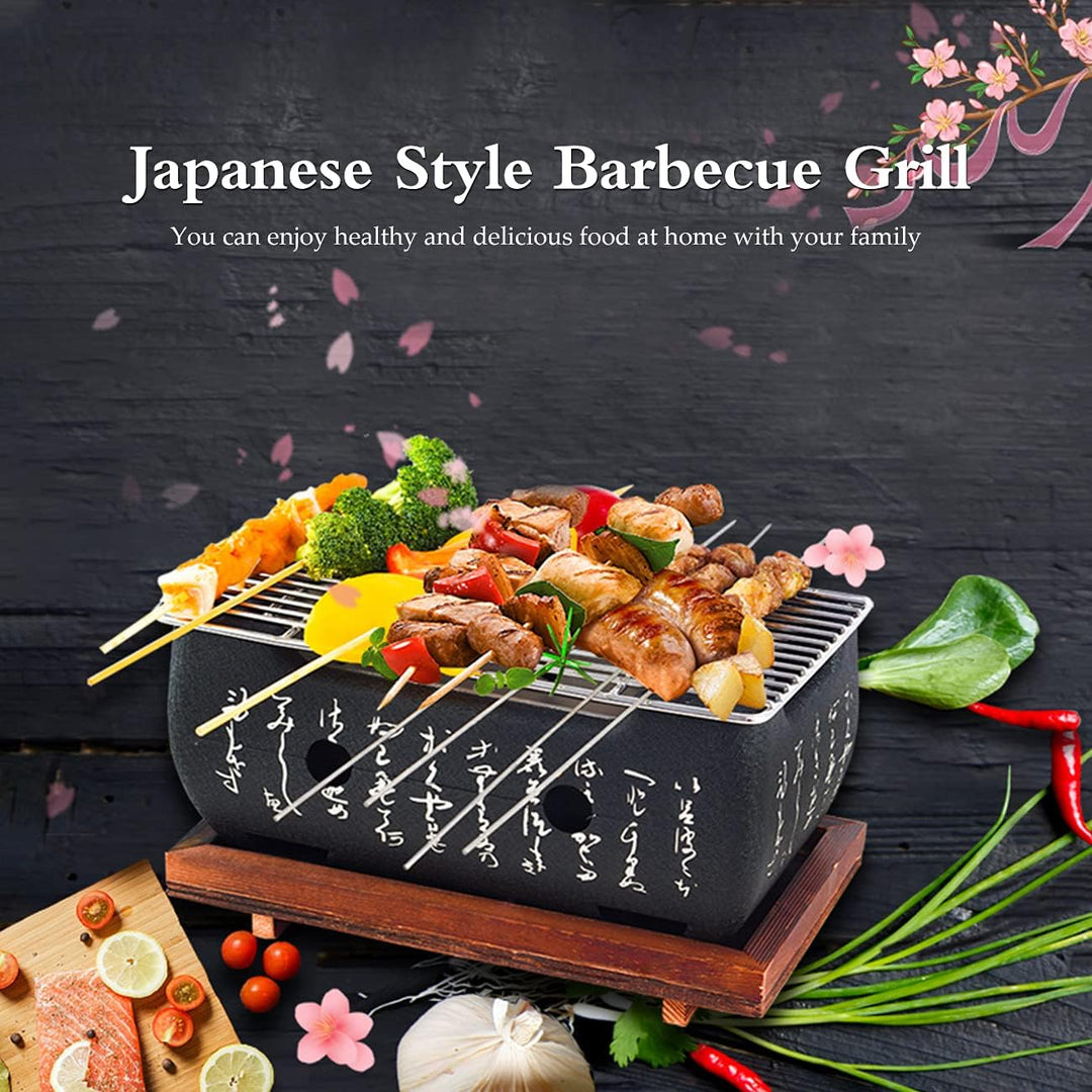 Japanischer BBQ Grill Mini Holzkohle Tischgrill mit Backblech Drahtgitter und Holzbasis, 24 x 12,5 x