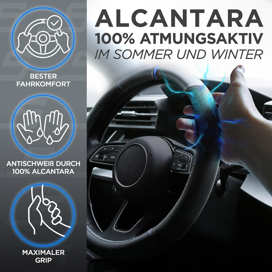 S-TETIC® Premium Lenkradbezug Nappaleder + Alcantara® | Blaue 12-Uhr Markierung | Universal Grösse 3
