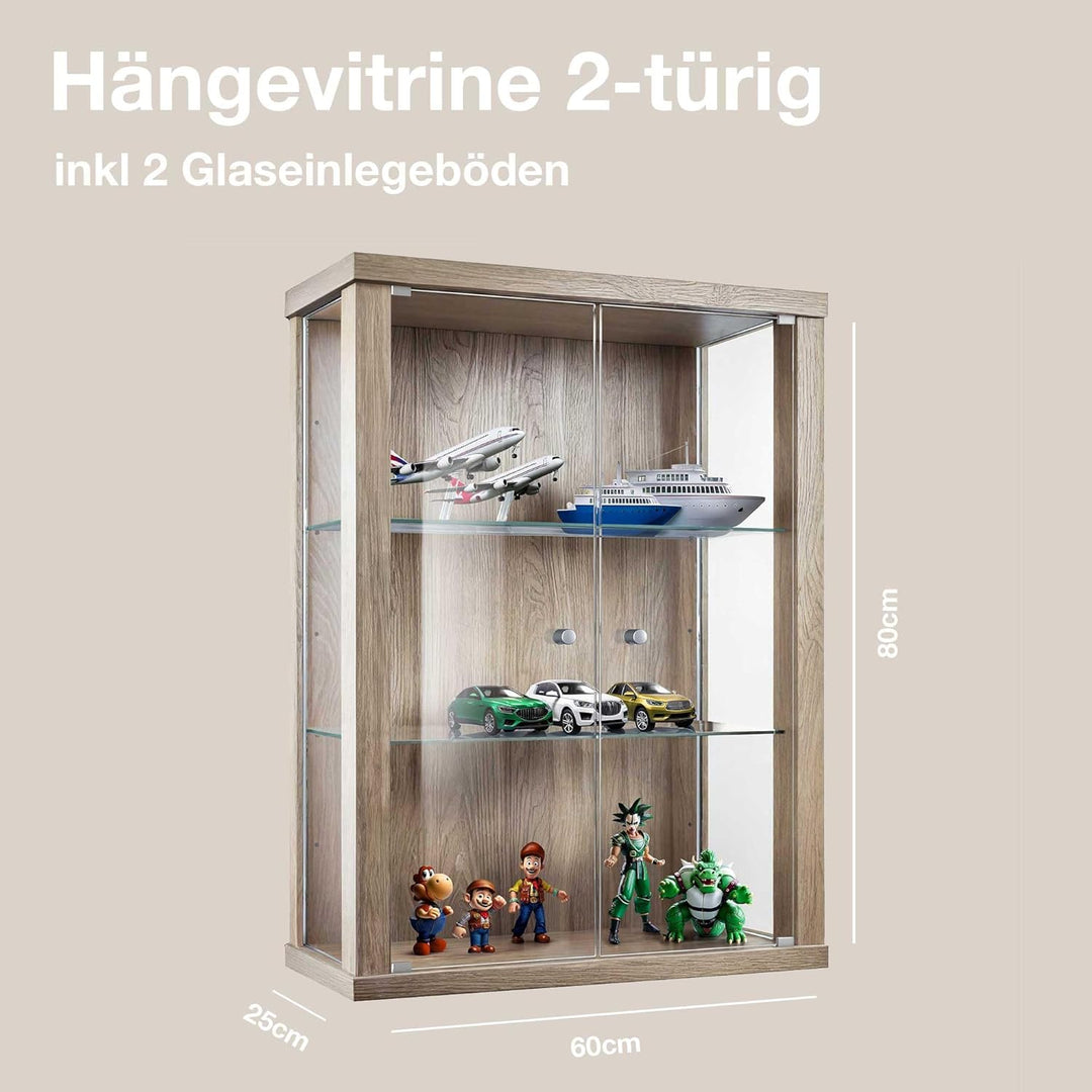 K-Möbel Hängevitrine Glas in Sonoma Eiche (80x60x25 cm) mit 2 höhenverstellbaren Glasböden - Modella