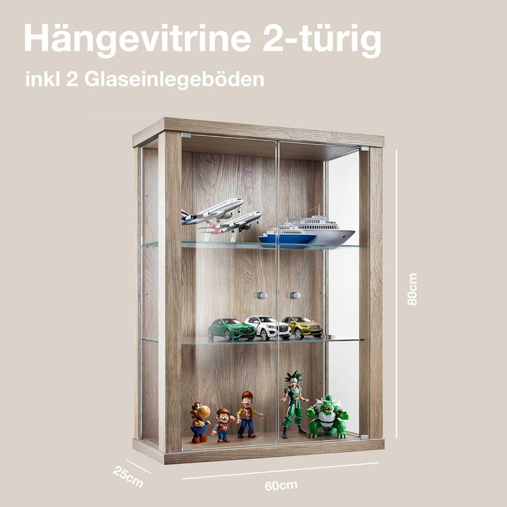K-Möbel Hängevitrine Glas in Sonoma Eiche (80x60x25 cm) mit 2 höhenverstellbaren Glasböden - Modella