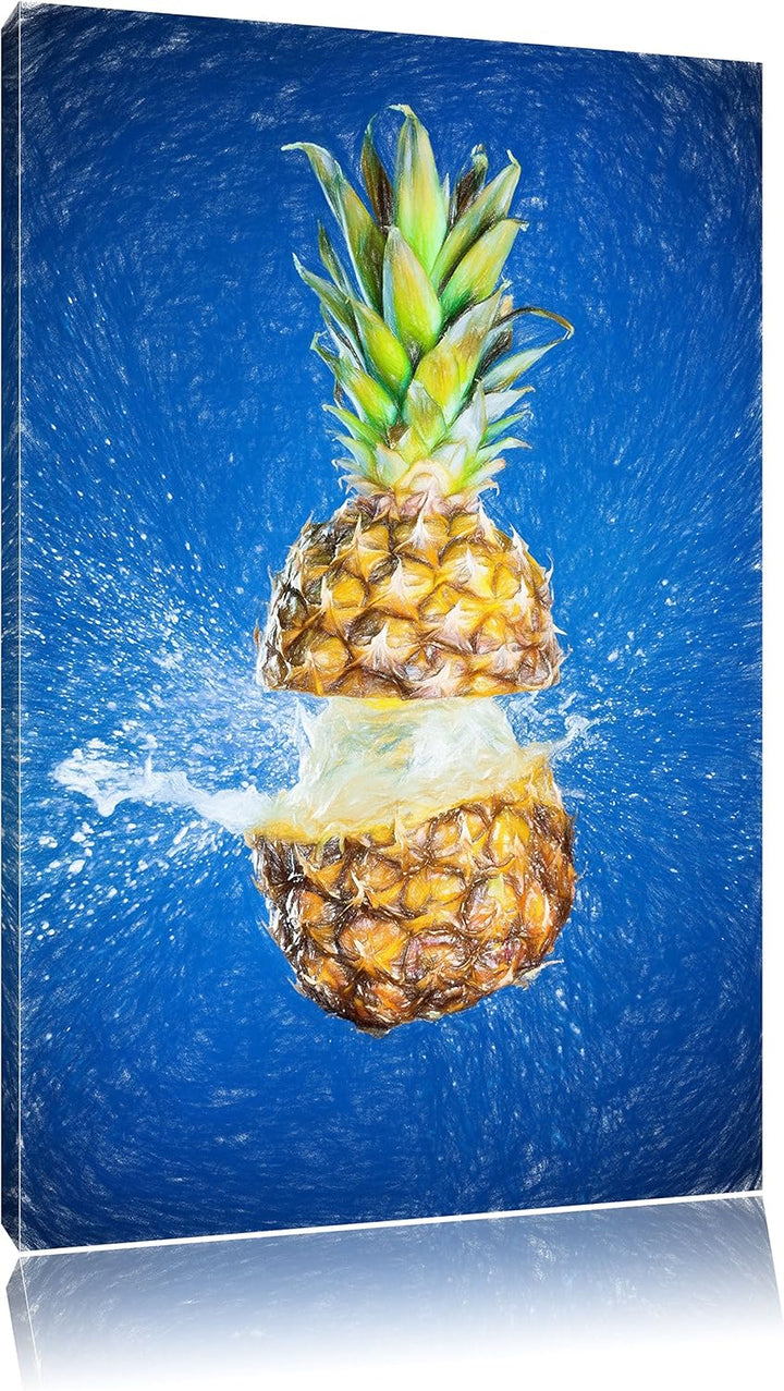 Pixxprint Ananas mit Wasser bespritzt Kunst Buntstift Effekt, Format: 100x70 auf Leinwand, 100x70