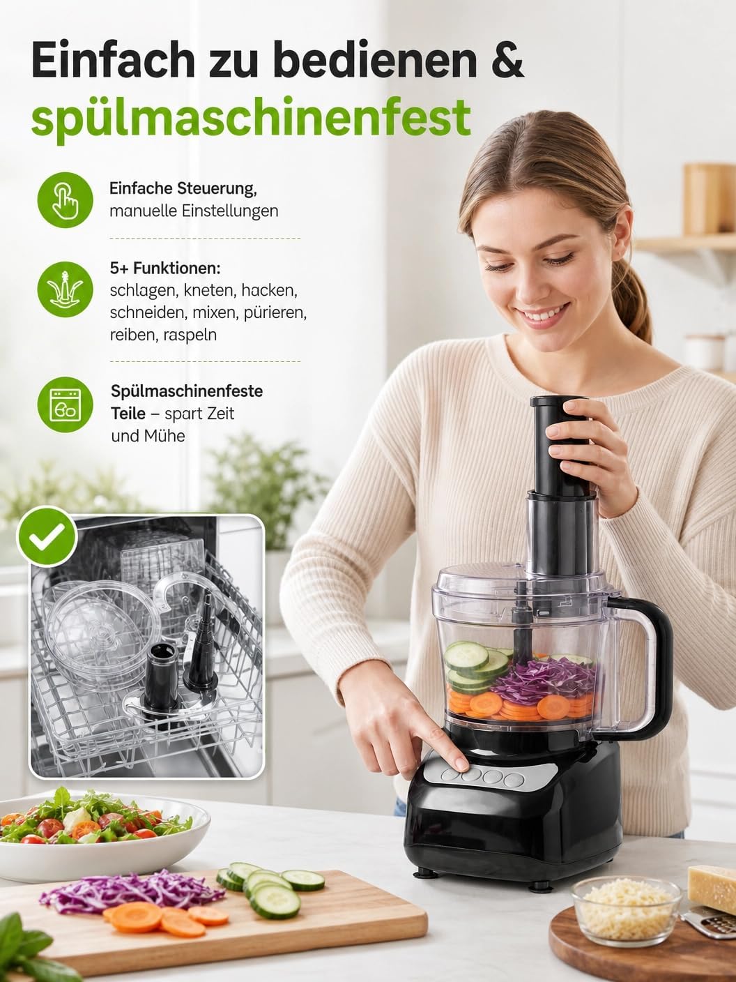 Food Processor 2.3L, Küchenmaschine, 2-in-1 Futterrutsche, 3 Geschwindigkeiten, All-in-One: Hacken,