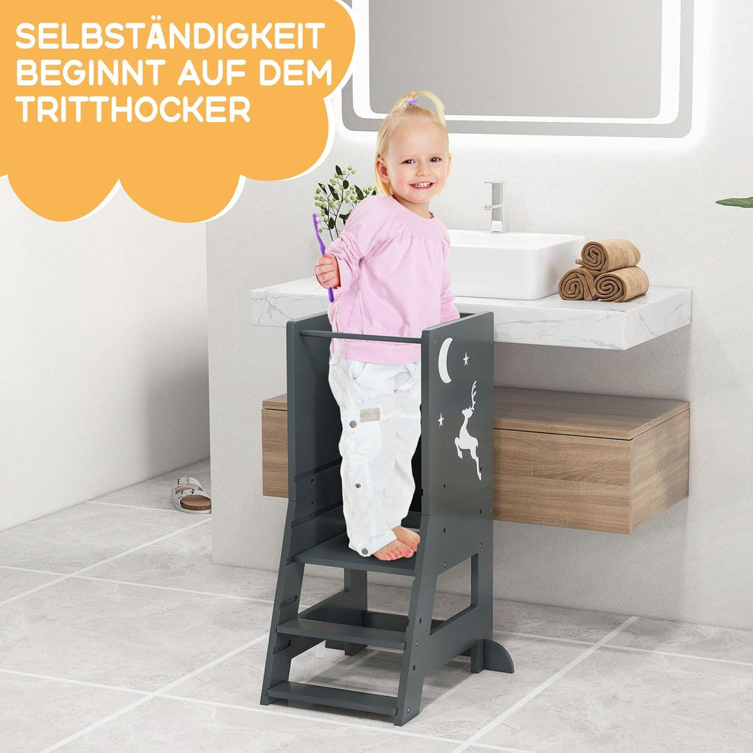 GOPLUS Lernturm Kinder, Mehrzweck-Tritthocker aus Holz mit 3 verstellbare Höhen, Lernstuhl Baby mit