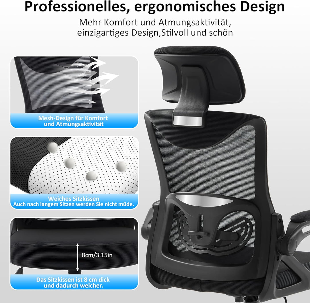 Fizzin Ergonomischer Gaming Bürostuhl Schwarz Schreibtischstuhl mit Verstellbarer Lendenstütze und K