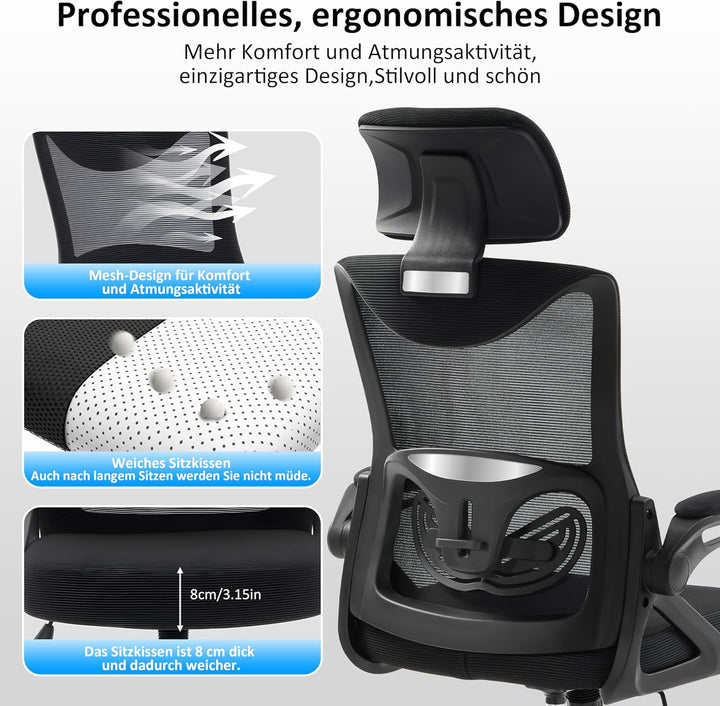 Fizzin Ergonomischer Gaming Bürostuhl Schwarz Schreibtischstuhl mit Verstellbarer Lendenstütze und K