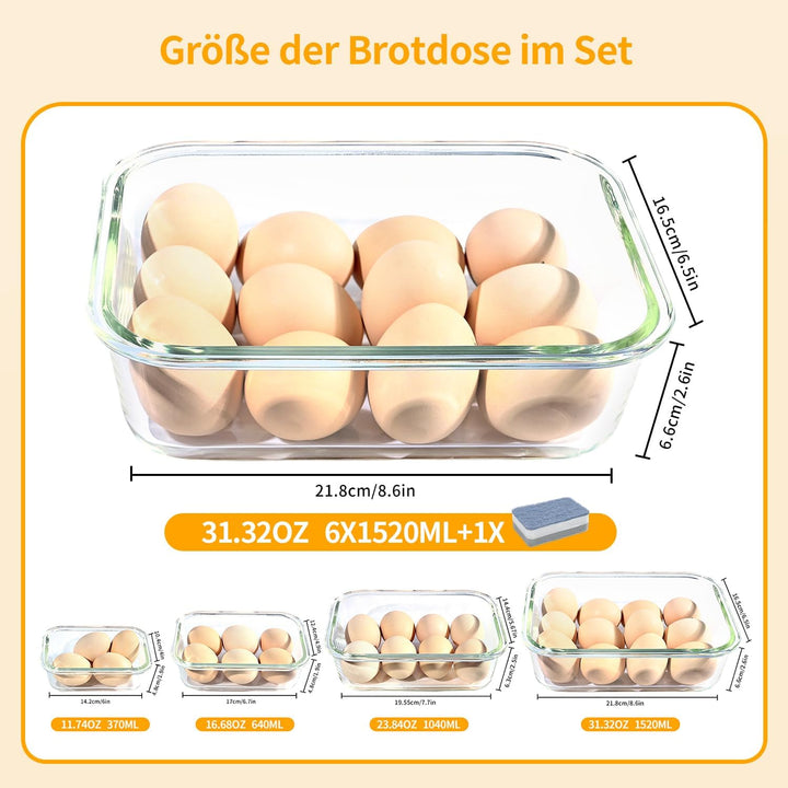 LNWSN Frischhaltedosen Glas mit Deckel 6er, 1520ml Hochtransparente Borosilikatglas Meal Prep Boxen