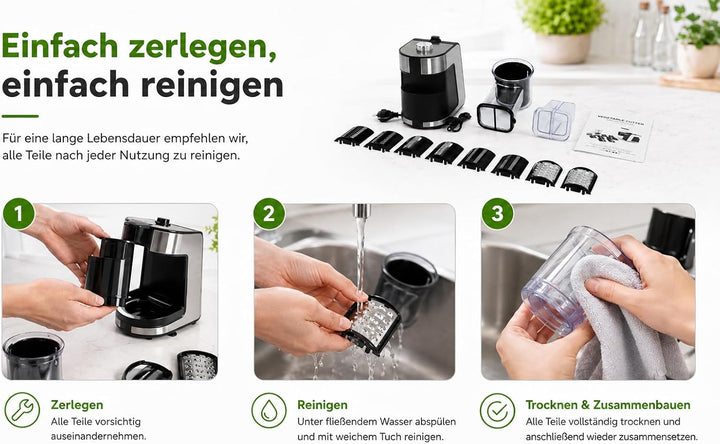 Elektrische Gemüsereibe, 1000 W, mit 10 Klingen aus Edelstahl, elektrischer Gemüseschneider für Karo