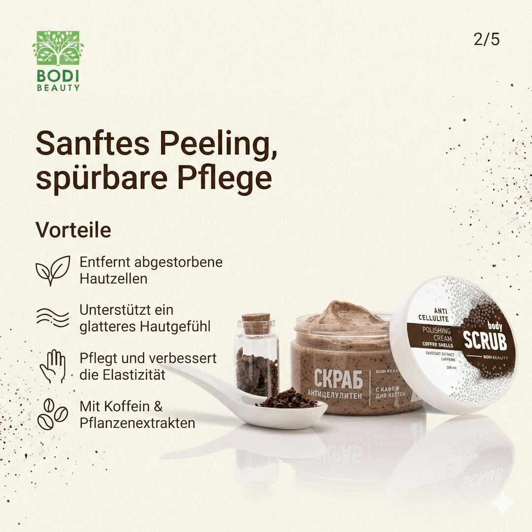 Anti-Cellulite Kaffee-Peeling & Body Scrub 330 ml – Koffein, Kaffeepartikel, Shea & Traubenkernöl, V