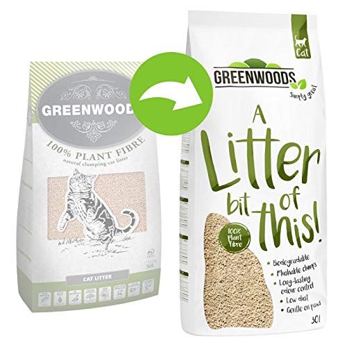 Greenwoods klumpende Katzenstreu Pflanzenfaser-Klumpstreu 2 x 30 l, biologisch abbaubar,