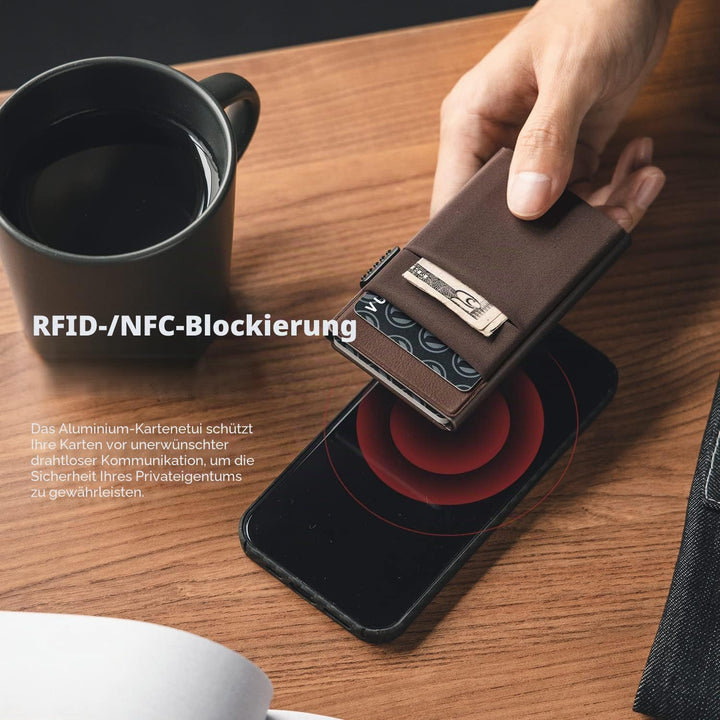 VULKIT Kreditkartenetui mit EDC-Fächern und Ausweisfenster, RFID-blockierende Pop Up Karten Geldbörs