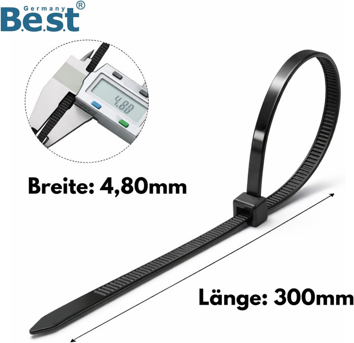 Kabelbinder Schwarz 1000 Stück - 4,8 x 300 mm – Reissfest, Belastbar & Robust – Kunststoff Kabelbind