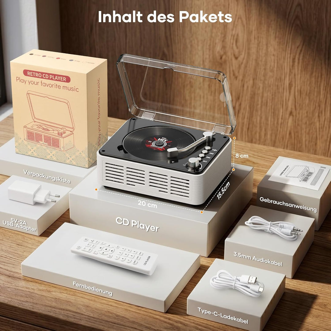 Tragbarer Bluetooth CD Player mit Fernbedienung - Timzeit Weisse Retro CD Spieler mit HiFi-Sound Lau
