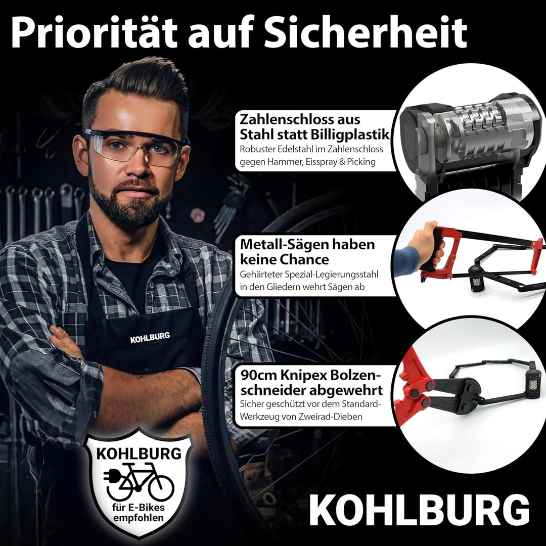 KOHLBURG [Bolzenschneider-sicheres] 110cm Faltschloss mit Zahlencode & Halterung – Fahrrad Zahlensch