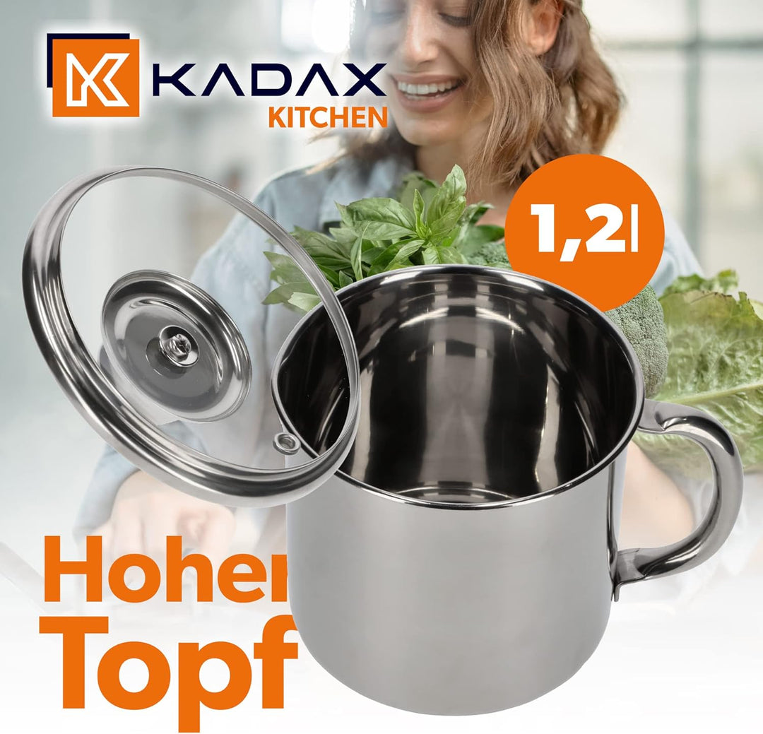 KADAX Edelstahltopf mit Glasdeckel, 1,2L Kochtopf Induktion mit Griff, Milchtopf, Deckel mit Dampflo