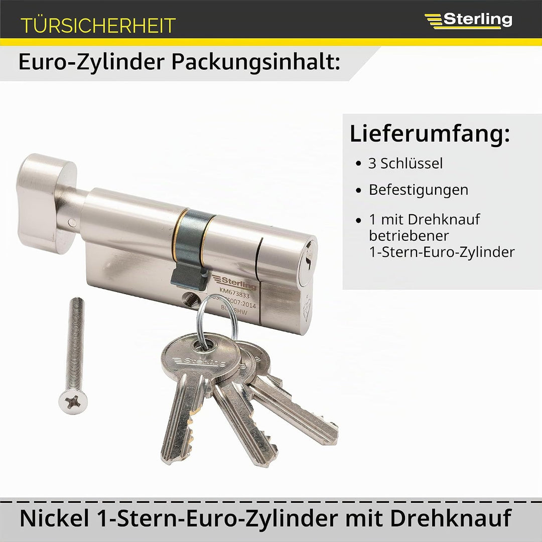 Sterling Int Ext BS1 ETN4040 Knaufzylinder, satiniertes Nickel, innen 40 mm, aussen 50 mm (90 mm ins