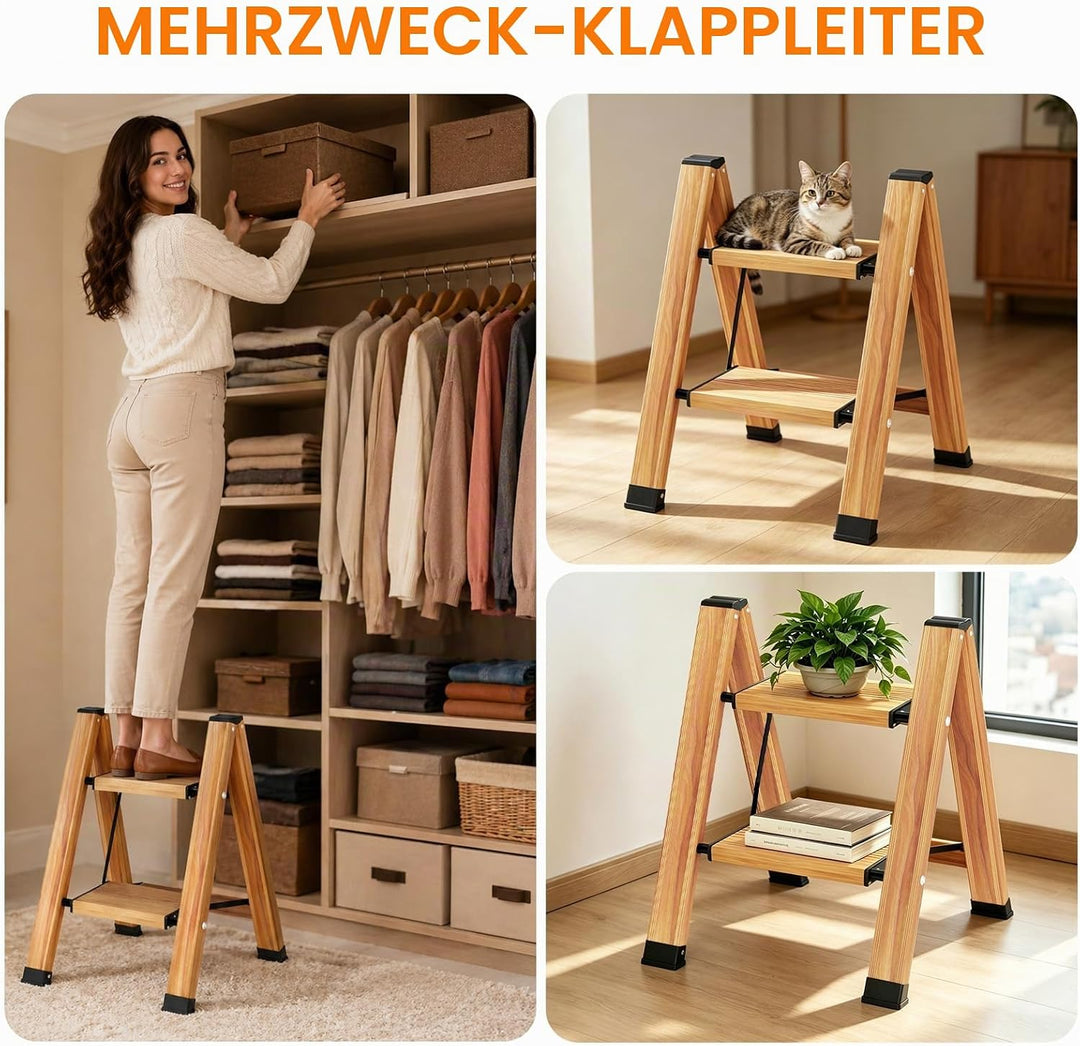 KULACO Klapptritt, Trittleiter 2 Stufen Klappbar, Aluminium Klappleiter, Tragbare Stufenleiter, Ruts