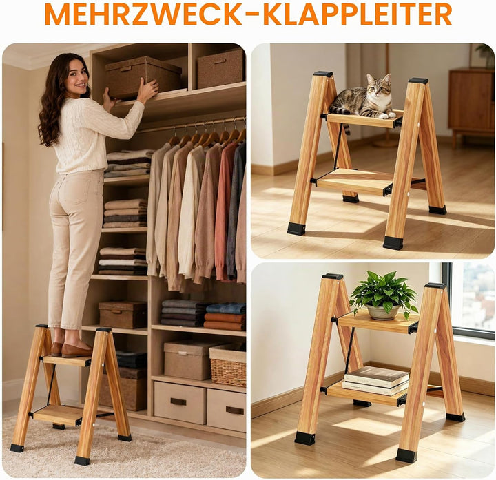 KULACO Klapptritt, Trittleiter 2 Stufen Klappbar, Aluminium Klappleiter, Tragbare Stufenleiter, Ruts