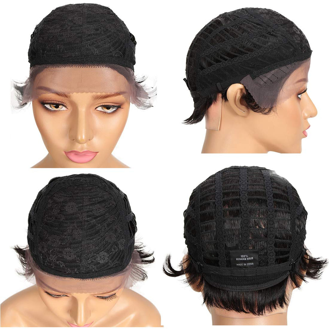 DÉBUT Echthaar Perücke mit Filmansatz kurz Pixie Damen Perücke Lace Front Wigs 22cm 79g (1B：schwarz)