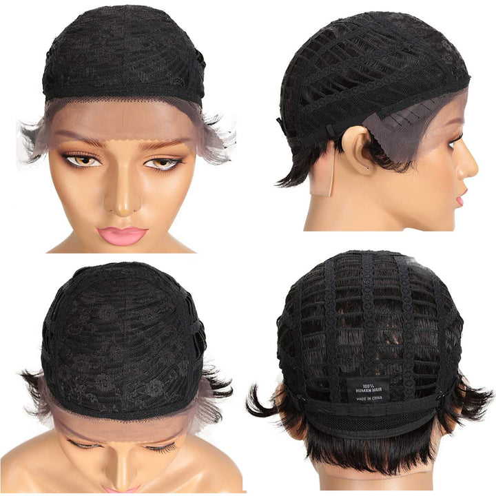 DÉBUT Echthaar Perücke mit Filmansatz kurz Pixie Damen Perücke Lace Front Wigs 22cm 79g (1B：schwarz)