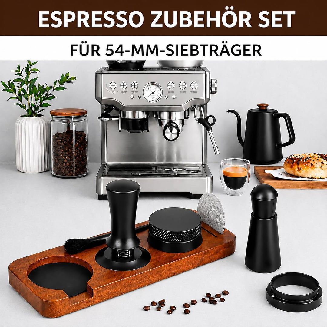 54 mm Espresso Zubehör Set 7-teilig – Barista Zubehör & Tamper Set mit Tamperstation aus Sapeleholz,