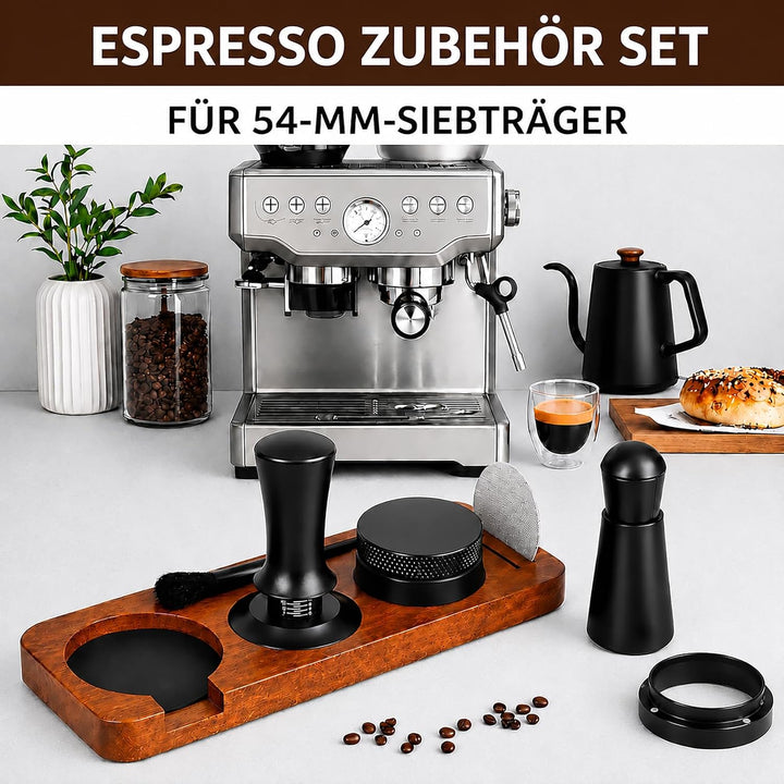 54 mm Espresso Zubehör Set 7-teilig – Barista Zubehör & Tamper Set mit Tamperstation aus Sapeleholz,