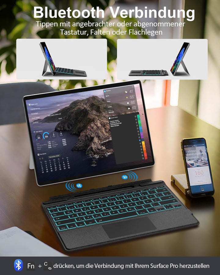 MoKo Deutsche QWERTZ Bluetooth Tastatur mit Hintergrundbeleuchtung & Touchpad für Microsoft Surface