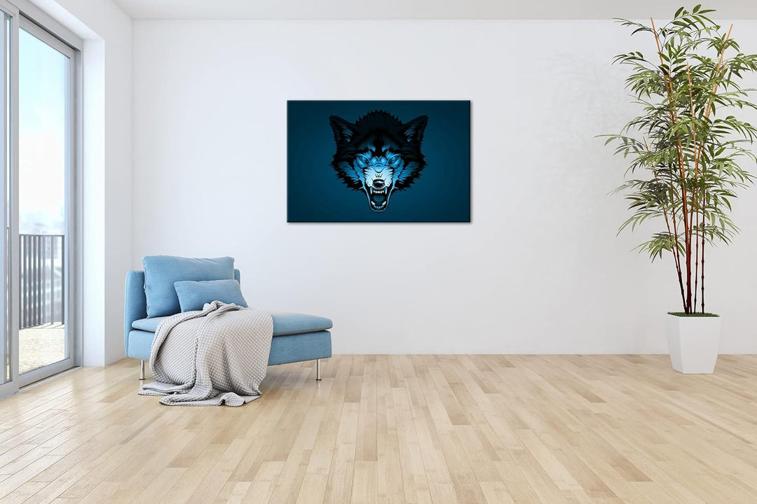 deyoli Böser Wolf Illustration Format 80x60 Effekt: Monocrome Blau als Leinwandbild, Motiv fertig ge