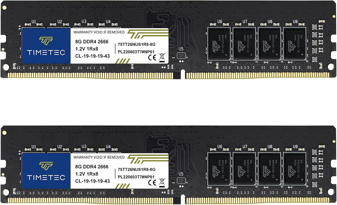 Timetec 16GB KIT (2x8GB) DDR4 2666MHz PC4-21300 Unbuffered Non-ECC 1.2V CL19 1Rx8 Single Rank 288 Pi