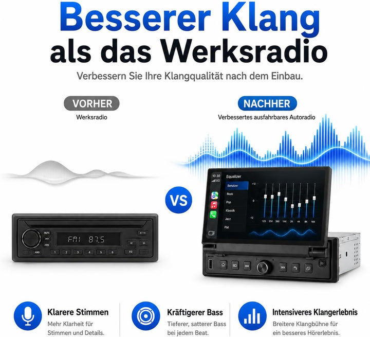 1 DIN Autoradio mit 6,8 Zoll ausfahrbarem Touchscreen, Linux System, Wireless CarPlay Android Auto,