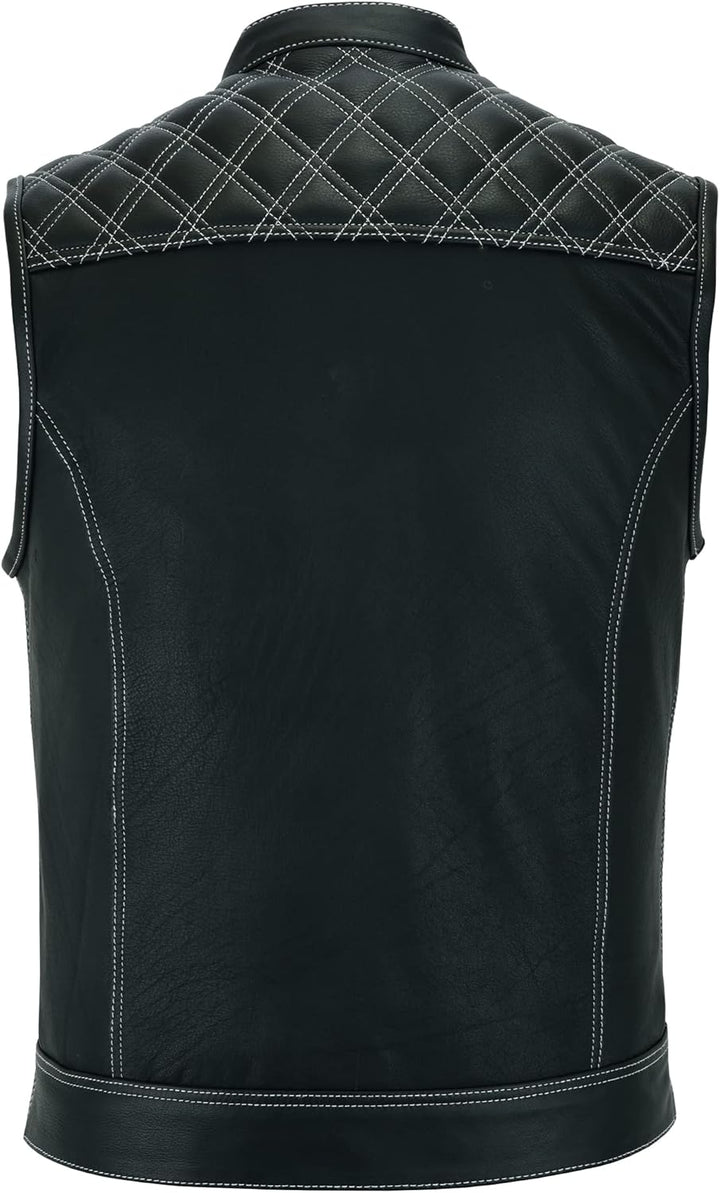 Leatherick Groove Club Herren-Motorradweste aus schwarzem Leder – Bikerweste 48 Schwarz (weisse Raut