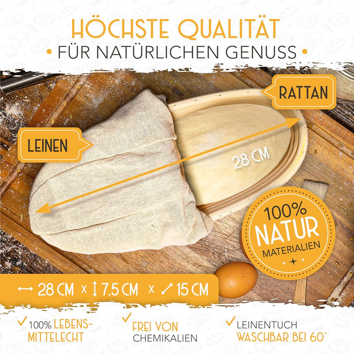 KRUSTENZAUBER Gärkorb aus zum Brotbacke mit Gärtuch für optimale Teiggärung | Für gleichmässig gegar