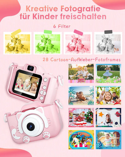 Kinderkamera für Mädchen, 3-12 Jahre, 2.0”Display Digitalkamera, Doppelobjektiv, 32GB SD-Karte, Sili