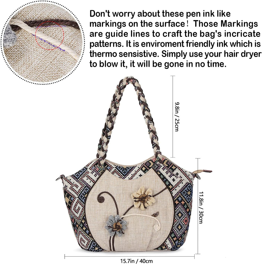 Boho Ethnische Umhängetasche, Hobo Umhängetasche, Damen-Leinentasche mit verstellbarem langem Schult