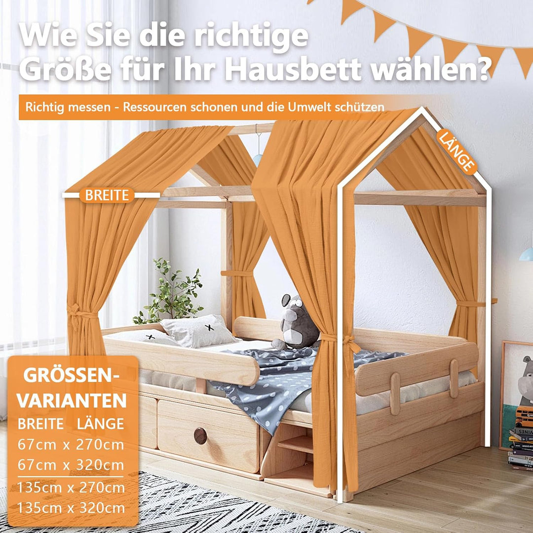 Alishomtll Hausbett Himmel Deko Set, 2 Betthimmel Hausbett aus 100% Baumwolle Musselin, 1 Wimpelkett