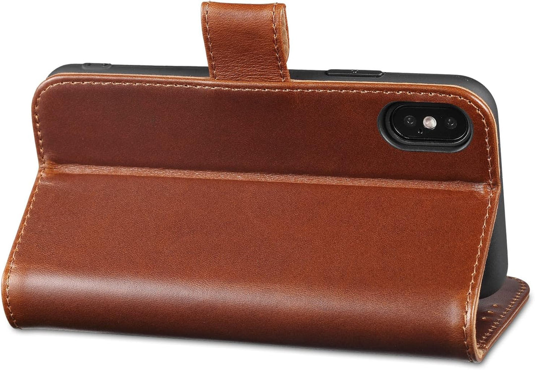 LENSUN Echtleder Hülle für iPhone XS, iPhone X Handyhülle [Echtes Leder][Magnetverschluss][RFID Schu