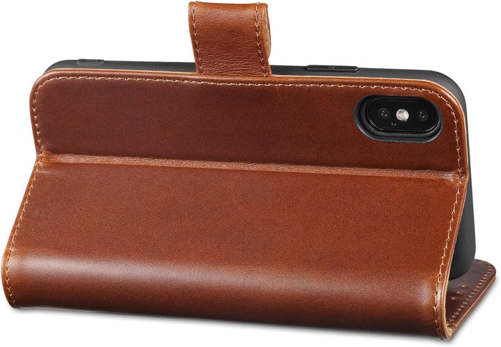 LENSUN Echtleder Hülle für iPhone XS, iPhone X Handyhülle [Echtes Leder][Magnetverschluss][RFID Schu